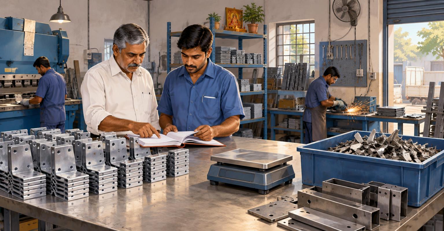 Owner and supervisor checking production records beside finished brackets and a separate scrap bin in an Indian workshop.